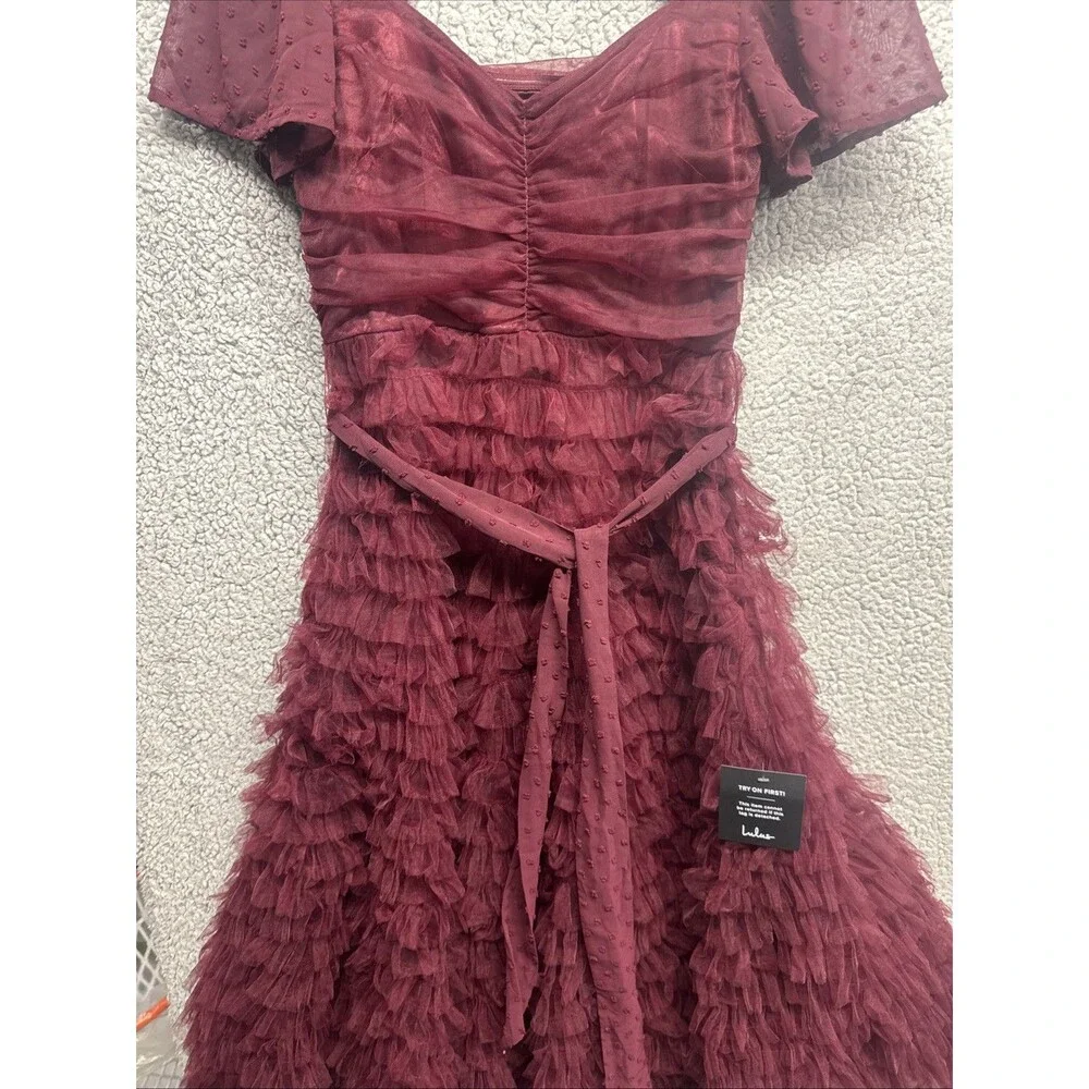 LULUS Elegant Red Wine Cocktail Dress Size S Dot Tullie Ruffles NWT - Picture 7 of 11